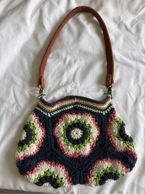 Handmade Crochet Floral Shoulder Bag in Navy, Cream, Pink & Green
